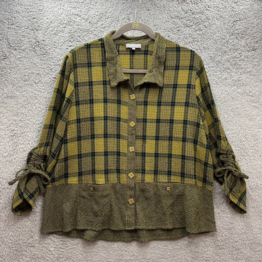 Habitat‎ Clothes to Live In Small Green Plaid Adjustable Sleeves Button Up Top